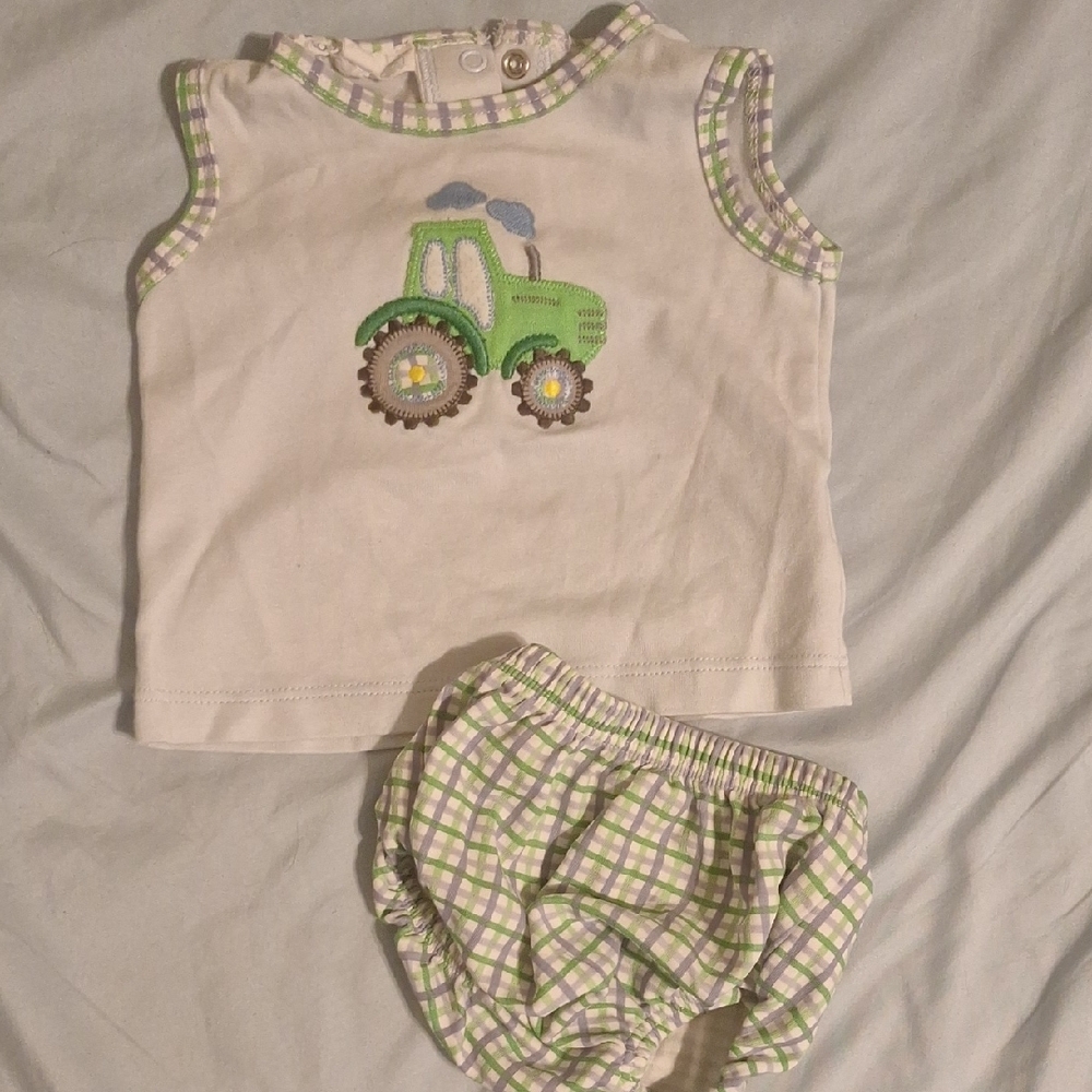 Plaid Tractor Embroidered Kids Set - Green and White